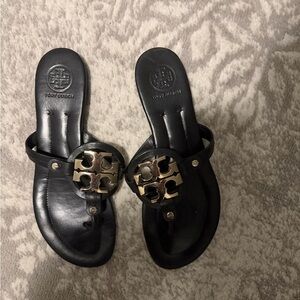 Tory Burch Black Slides with Gold Emblem